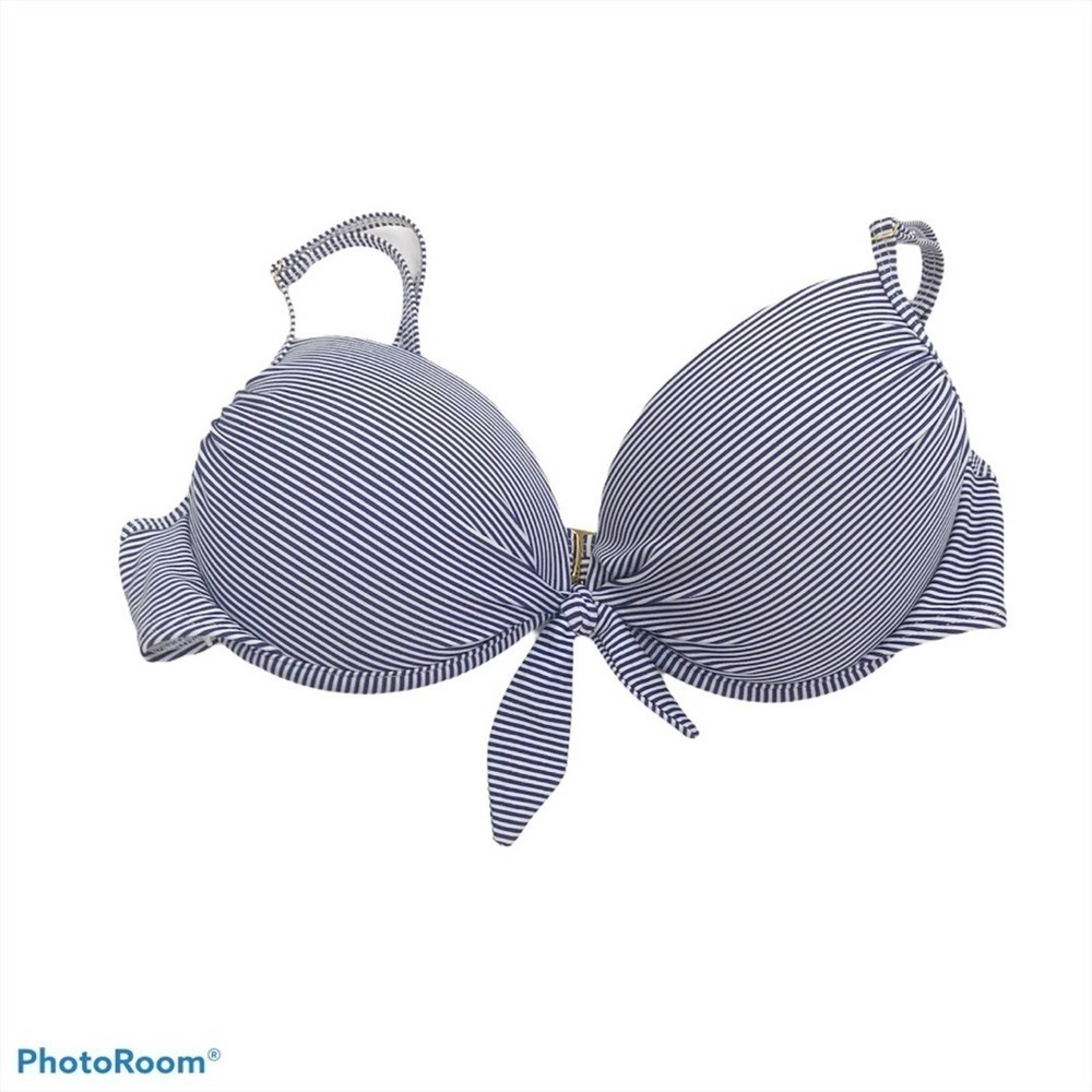 SO blue and white striped bow front bikini top